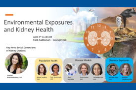 Environmental Exposures and Kidney Health symposium flyer, featuring key note speaker, Soumya balasubramanya, PhD, as well as the speakers for Population Health, Disease Models, and Chemical Exposures